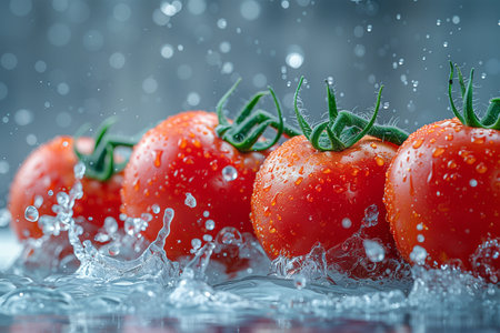 Several ripe tomatoes are seen splashing and bobbing in water, creating lively ripples. The droplets catching the sunlight add a dynamic touch to this vibrant scene.の素材
