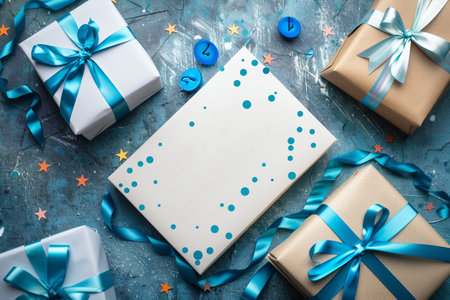 Several colorful wrapped presents neatly arranged on top of a wooden table. mockupの素材