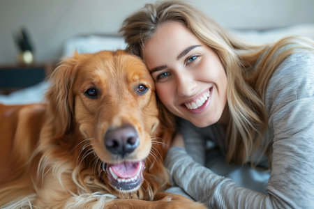 A woman is lying on top of a bed next to a brown dog, both resting peacefully in a cozy indoor setting.の素材