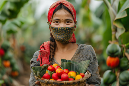 A woman, wearing a face mask, holds a basket filled with fresh fruits.の素材