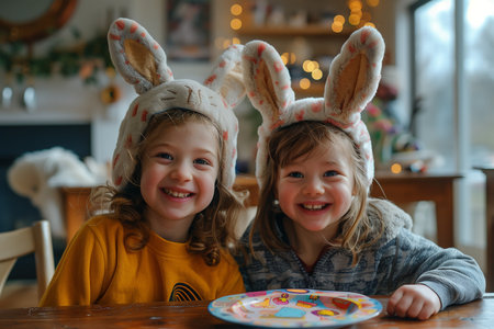 Two young girls standing side by side, each wearing bunny ears on their heads and smiling.の素材