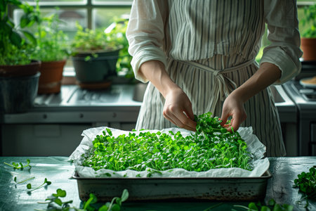 A woman grows microgreens at home in her kitchen. Close-up.の素材