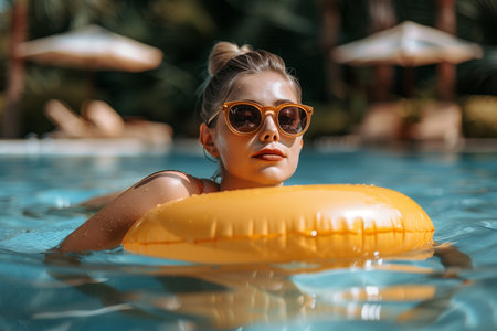 A woman in sunglasses relaxes while floating in a pool, enjoying the cool water on a sunny day.の素材