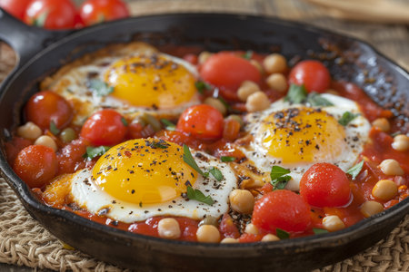 A skillet filled with scrambled eggs, juicy tomatoes, and cooked chickpeas, ready to be served for a delicious and nutritious meal.の素材