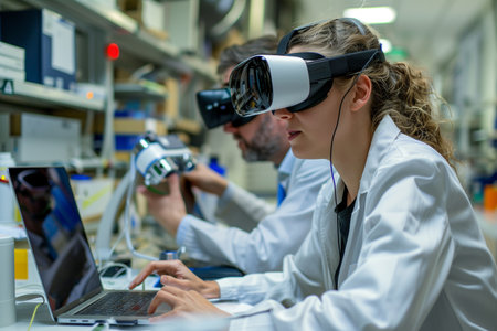 A man and woman, both wearing white lab coats, are focused on a laptop screen. They appear to be collaborating on a project in a laboratory setting.の素材