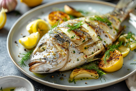 A plate with a cooked fish fillet on top, garnished with sliced oranges.の素材