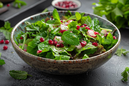 Oriental herb salad, mint, parsley, dill, coriander, lambs lettuce, with currants and pomegranate dressing. Close-upの素材