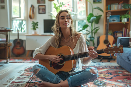 A woman is seated on the floor, strumming a guitar with her fingers, absorbed in playing music.の素材