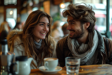 A man and woman are seated at a table, engaging in conversation or dining together.の素材