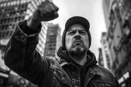 Angry speaker talking with raised fist.の素材