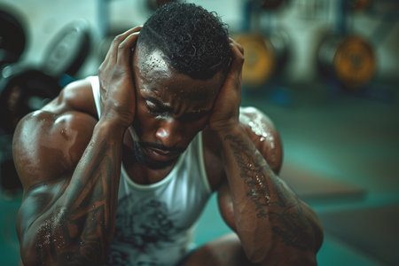 A man is seated on the ground inside a gym, surrounded by exercise equipment and walls covered in motivational posters.の素材