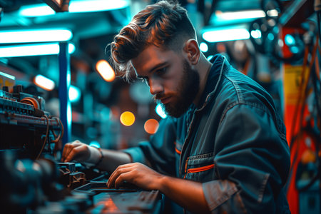 A man in a factory setting is seen working on a machine. He is focused on his task, surrounded by industrial equipment and tools.の素材