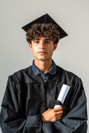 A young man dressed in a graduation cap and gown celebrating academic success.の素材