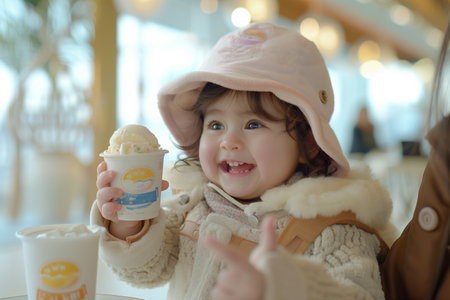 A young girl with brown hair holding a cup of ice cream in her hand.の素材