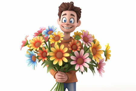 A cartoon man is cheerfully holding a colorful bunch of flowers in his hands.の素材
