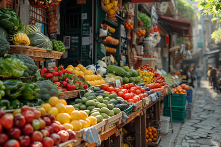 A vibrant fruit and vegetable stand set up on a historic cobblestone street, showing fresh produce to passersby.の素材