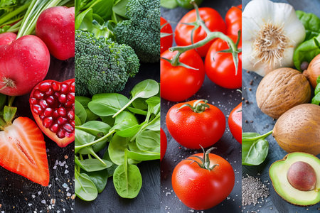 A diverse assortment of colorful fruits and vegetables piled together in a vibrant collage.の素材