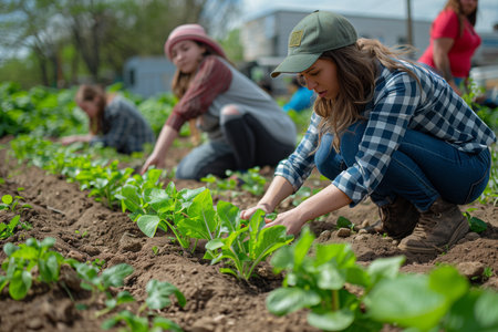 A team of workers toiling in a vast field, harvesting crops under the bright sun.の素材