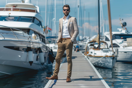 A man stands on a wooden dock surrounded by various boats moored at the harbor.の素材