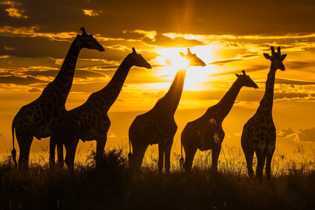 A group of giraffes stands tall, silhouetted against a vibrant sunset sky, showing their distinctive long necks and patterns.の素材