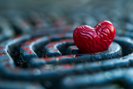 A red heart placed in the center of a challenging maze, symbolizing love and determination within obstacles.の素材