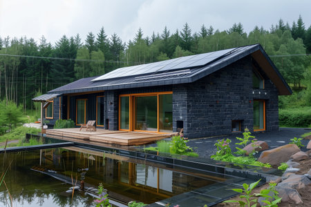 A residential house with a solar panel installed on the roof, harnessing renewable energy from the sun to power the home efficiently.の素材