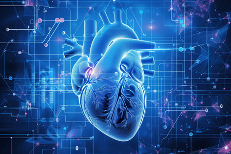 Digital representation of a human heart created using computer technology, showing anatomical structures and functions.の素材