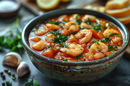 A rustic bowl filled with a spicy shrimp stew, garnished with fresh chopped parsley, surrounded by ingredients on a wooden table.の素材