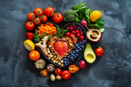 Heart shaped arrangement made from a variety of vibrant fruits and vegetables, showing colors and shapes in a creative display.の素材