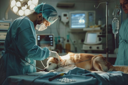 A dog is laying on top of a hospital bed, providing comfort and companionship to the patient.の素材