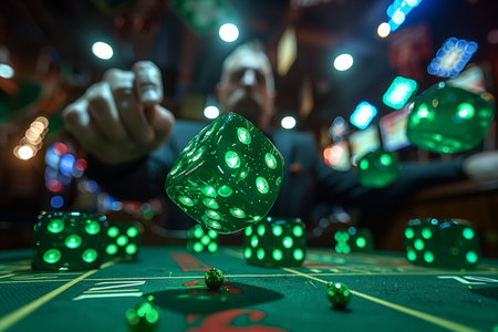 A man concentrating on his dice game in a bustling casino. He holds the dice in his hand, ready to roll, surrounded by chips and other players.の素材