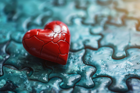 A red heart shape placed on a single puzzle piece, symbolizing love and connection.の素材