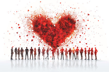 A group of diverse individuals standing together in front of a large heart structure, symbolizing unity and love.の素材
