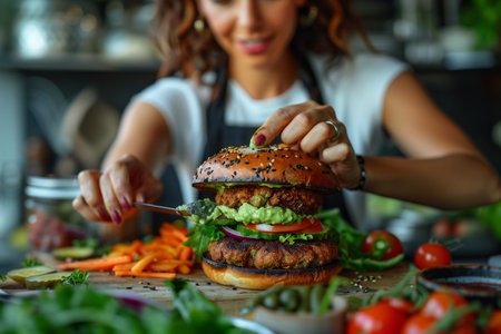 A woman is shown using a knife to cut up a hamburger patty on a wooden cutting board, preparing ingredients for a meal.の素材