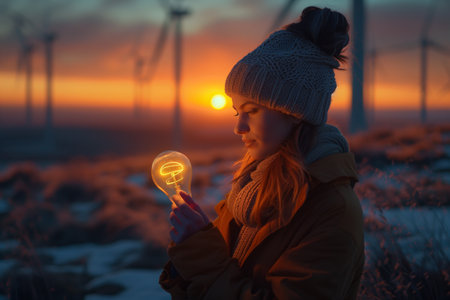 A woman stands and holds a light bulb in her hand and looks at it with curiosity and inspiration, with wind generators in the background. alternative energyの素材