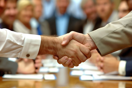 Two individuals standing before a crowd, engaging in a handshake gesture, symbolizing agreement or partnership amidst onlookers.の素材