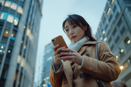 A woman wearing a trench coat standing and looking at a cell phone screen.の素材