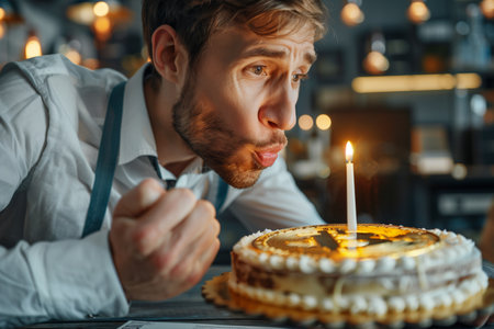 A lonely businessman blows out a candle on a cake with a picture of a gold coin. Business and loneliness.の素材