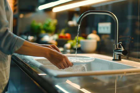 A person stands at a kitchen sink, scrubbing their hands meticulously with soap and water.の素材