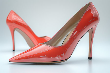 A pair of vibrant red high heels placed on a clean white surface, creating a bold and stylish contrast.の素材