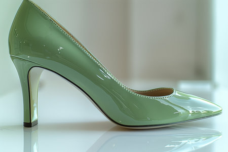A pair of vibrant green high heels placed on a clean white background.の素材