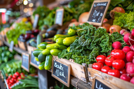Various types of fresh vegetables neatly arranged on a market stall for sale.の素材