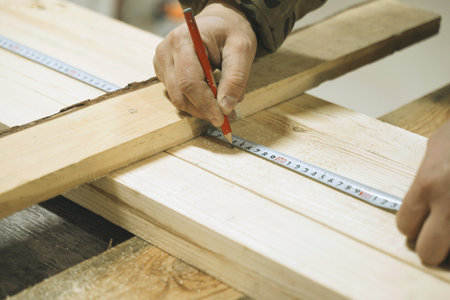 A person is using a ruler to measure a piece of wood in a workshop setting.の写真素材