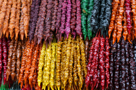 A vibrant selection of traditional Georgian churchkhela, candle-shaped sweets made of nuts and grape must, displayed for sale.の写真素材