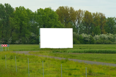 An empty billboard stands in a field with tall trees in the background, ready for advertising.の写真素材