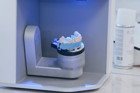 Scanning a denture in a dental laboratory to reproduce the patient's oral anatomy. Dental equipment, laboratory scanner systemの写真素材