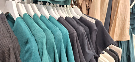 A row of various clothing items neatly hung on a wall-mounted rack.の写真素材