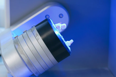 Scanning a denture in a dental laboratory to reproduce the patient's oral anatomy. Dental equipment,...