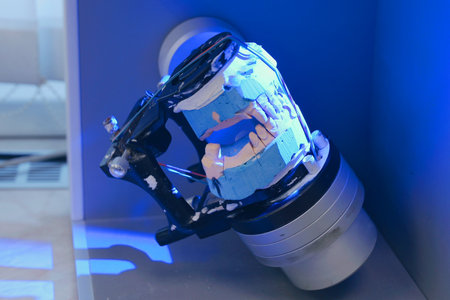 Scanning a denture in a dental laboratory to reproduce the patient's oral anatomy. Dental equipment, laboratory scanner systemの写真素材