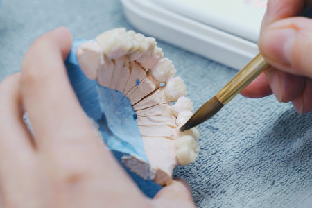 Dental technician coloring dental prosthesis with a paint brush at the laboratory, close-up view....